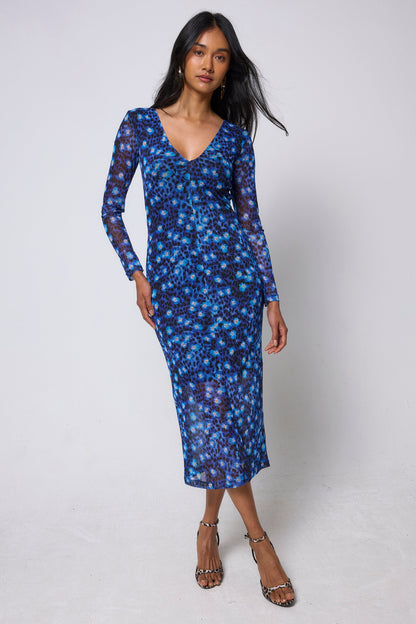 Navy Paradise Cheetah Mesh Midi Dress