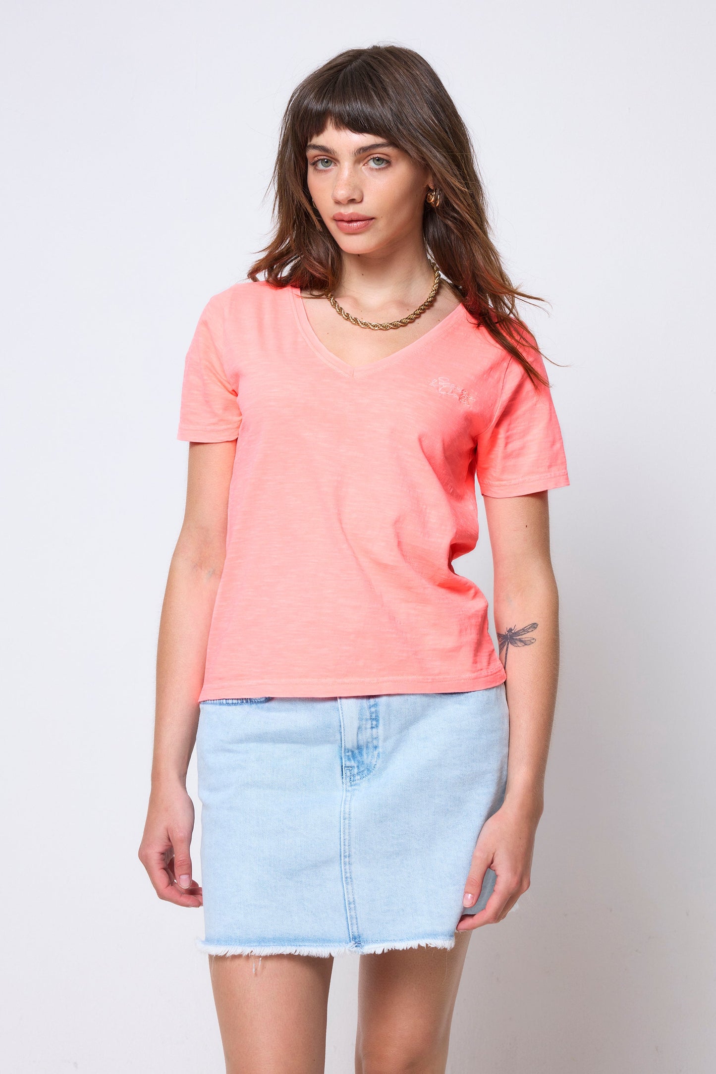 Washed Neon Coral V-Neck T-Shirt