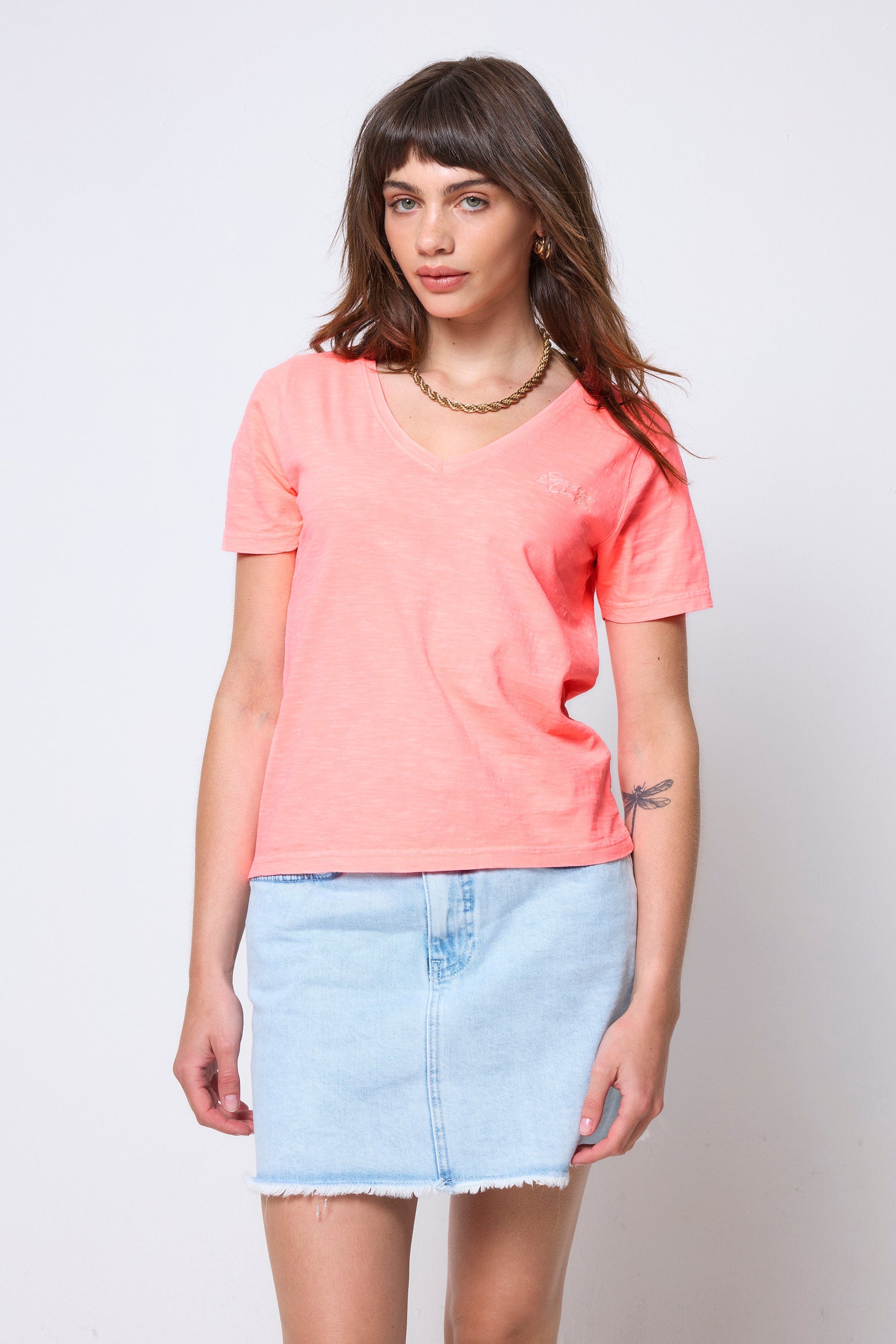 Washed Neon Coral V-Neck T-Shirt