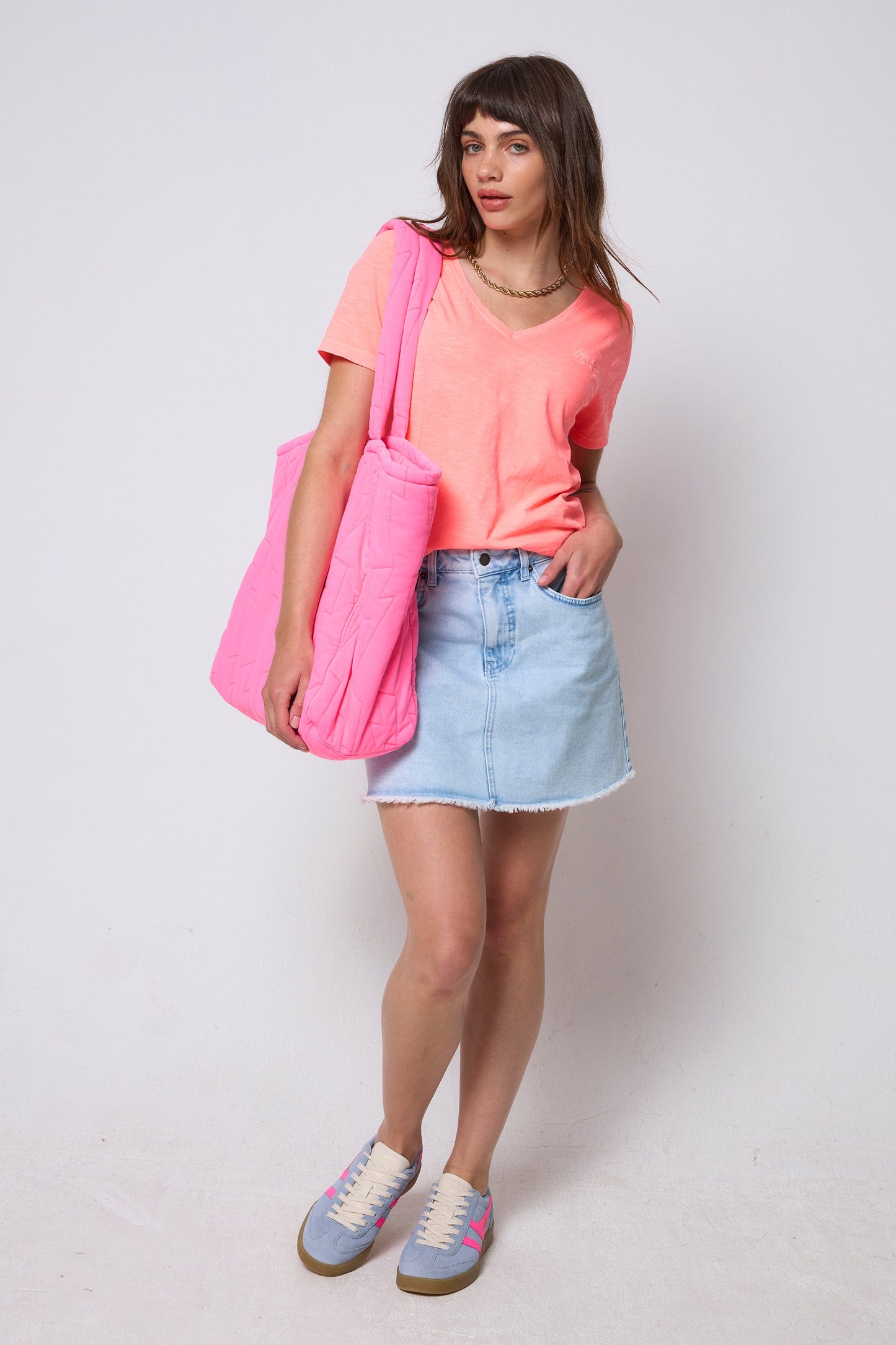 Washed Neon Coral V-Neck T-Shirt