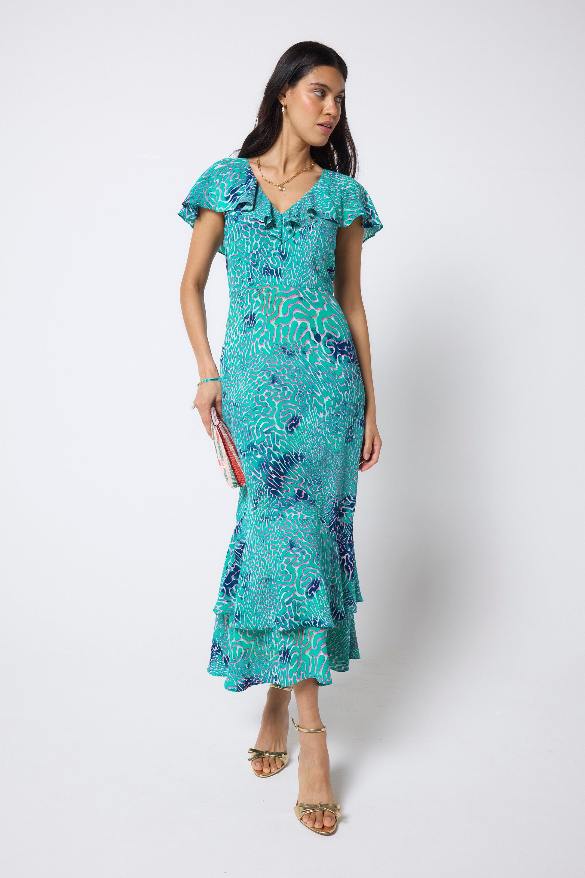 Turquoise Ocean Scales Cape Sleeve Midi Dress