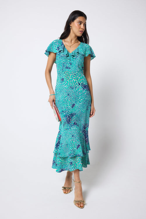 Turquoise Ocean Scales Cape Sleeve Midi Dress