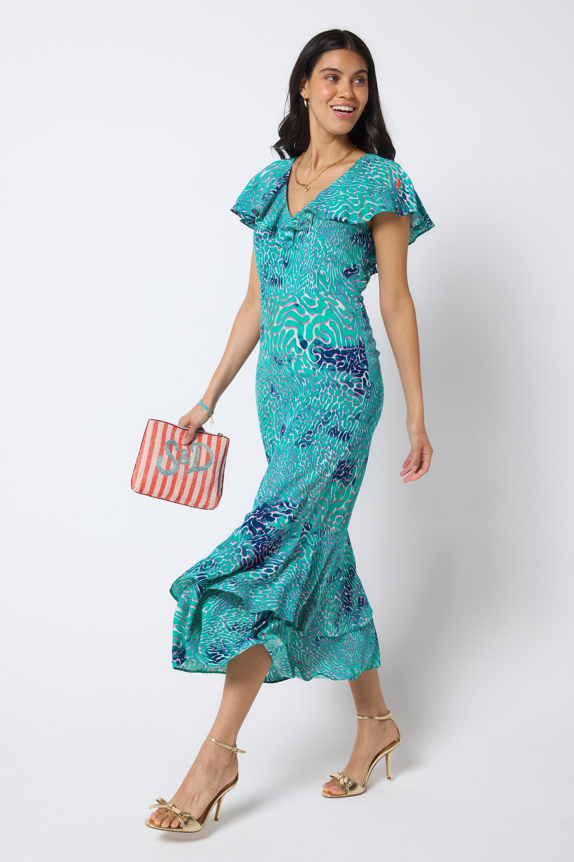Turquoise Ocean Scales Cape Sleeve Midi Dress