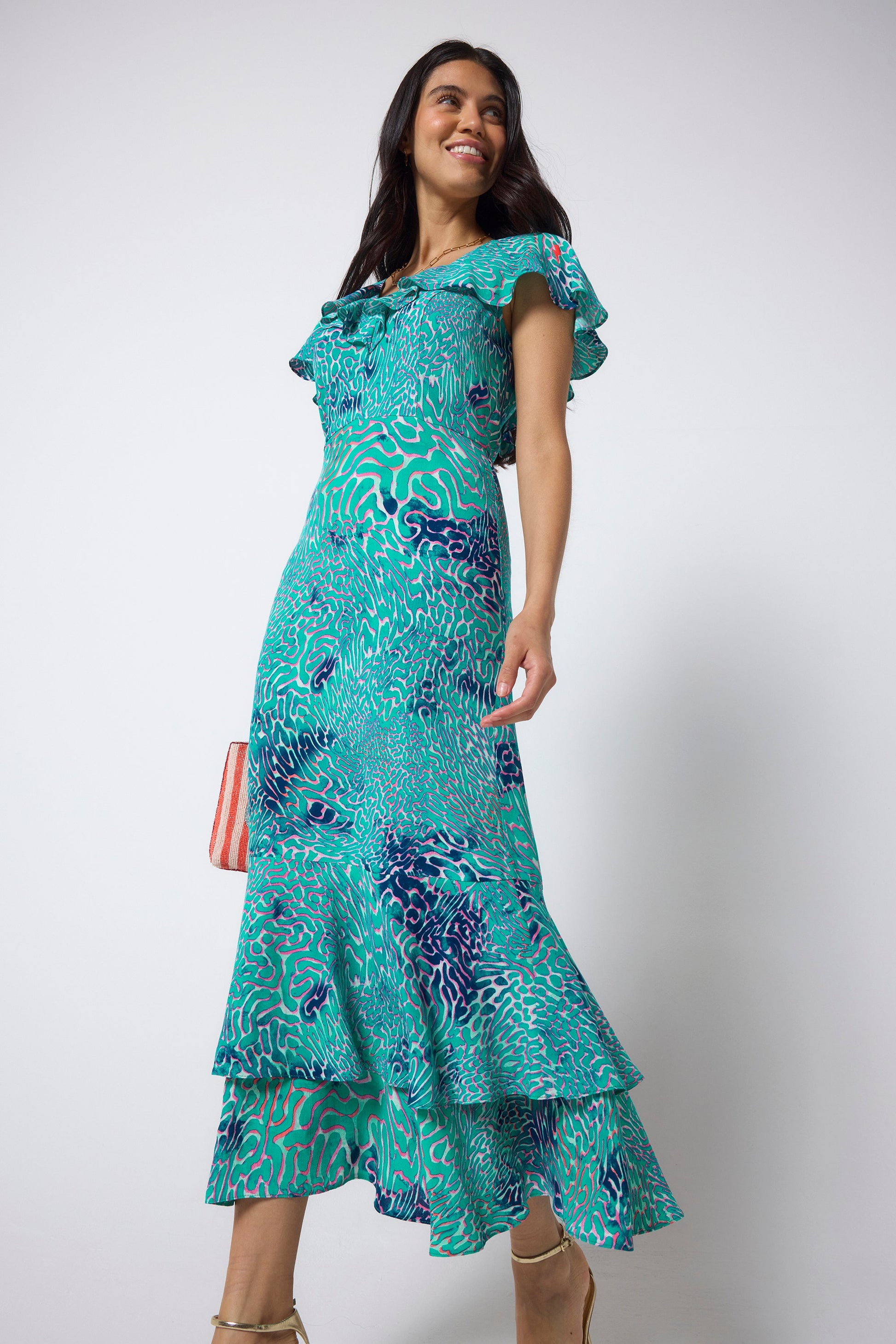 Turquoise Ocean Scales Cape Sleeve Midi Dress