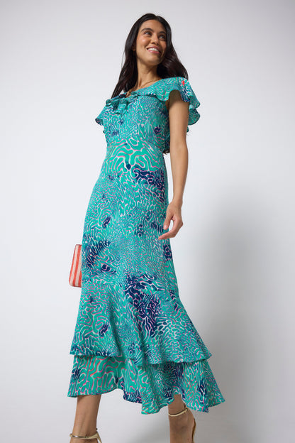 Turquoise Ocean Scales Cape Sleeve Midi Dress