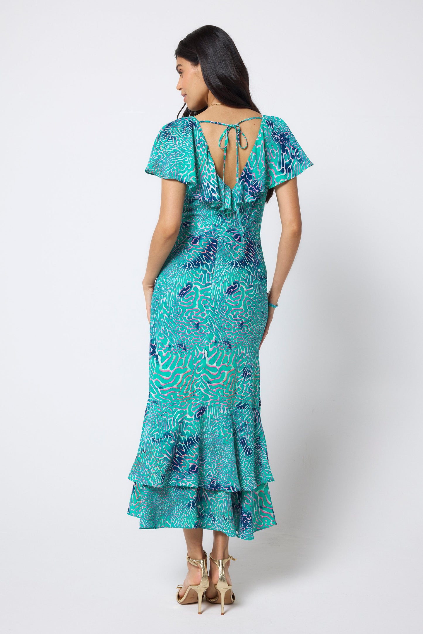 Turquoise Ocean Scales Cape Sleeve Midi Dress