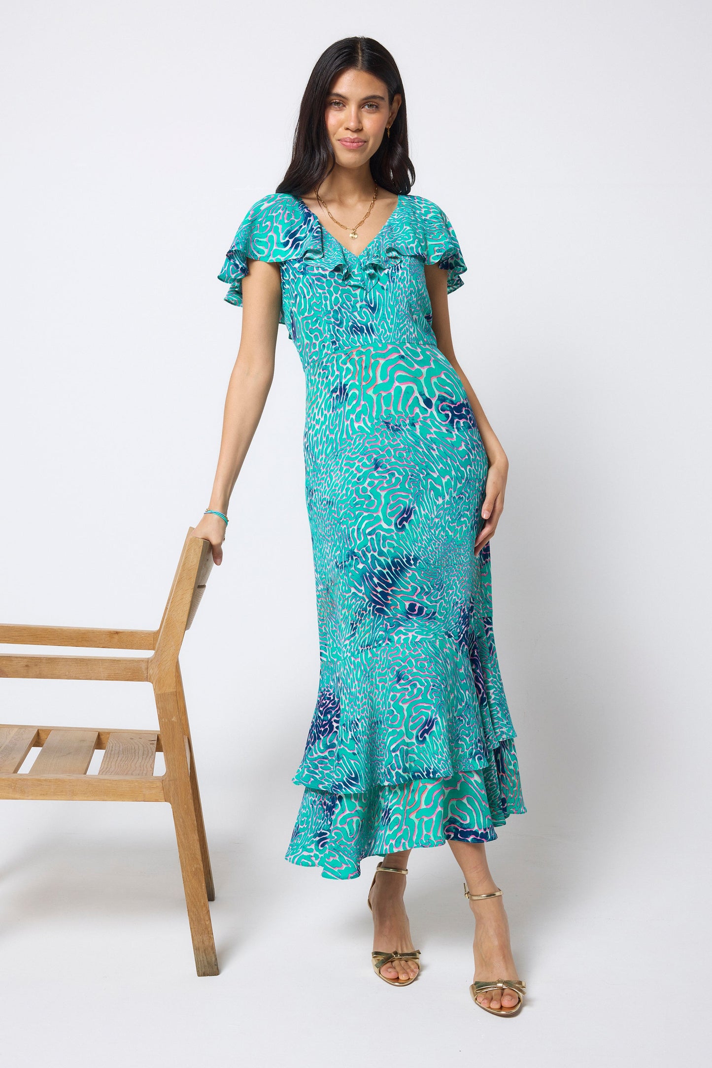 Turquoise Ocean Scales Cape Sleeve Midi Dress