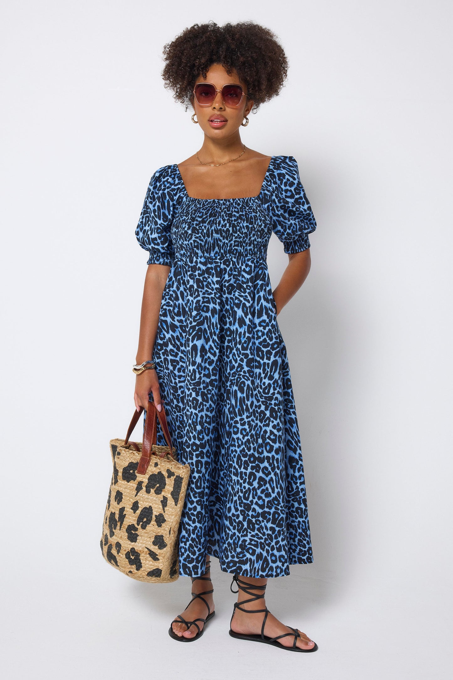 Blue Jaguar Wave Shirred Square Neck Midi Dress