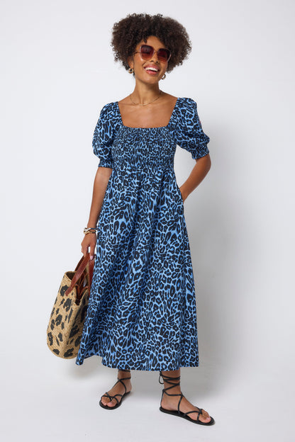 Blue Jaguar Wave Shirred Square Neck Midi Dress