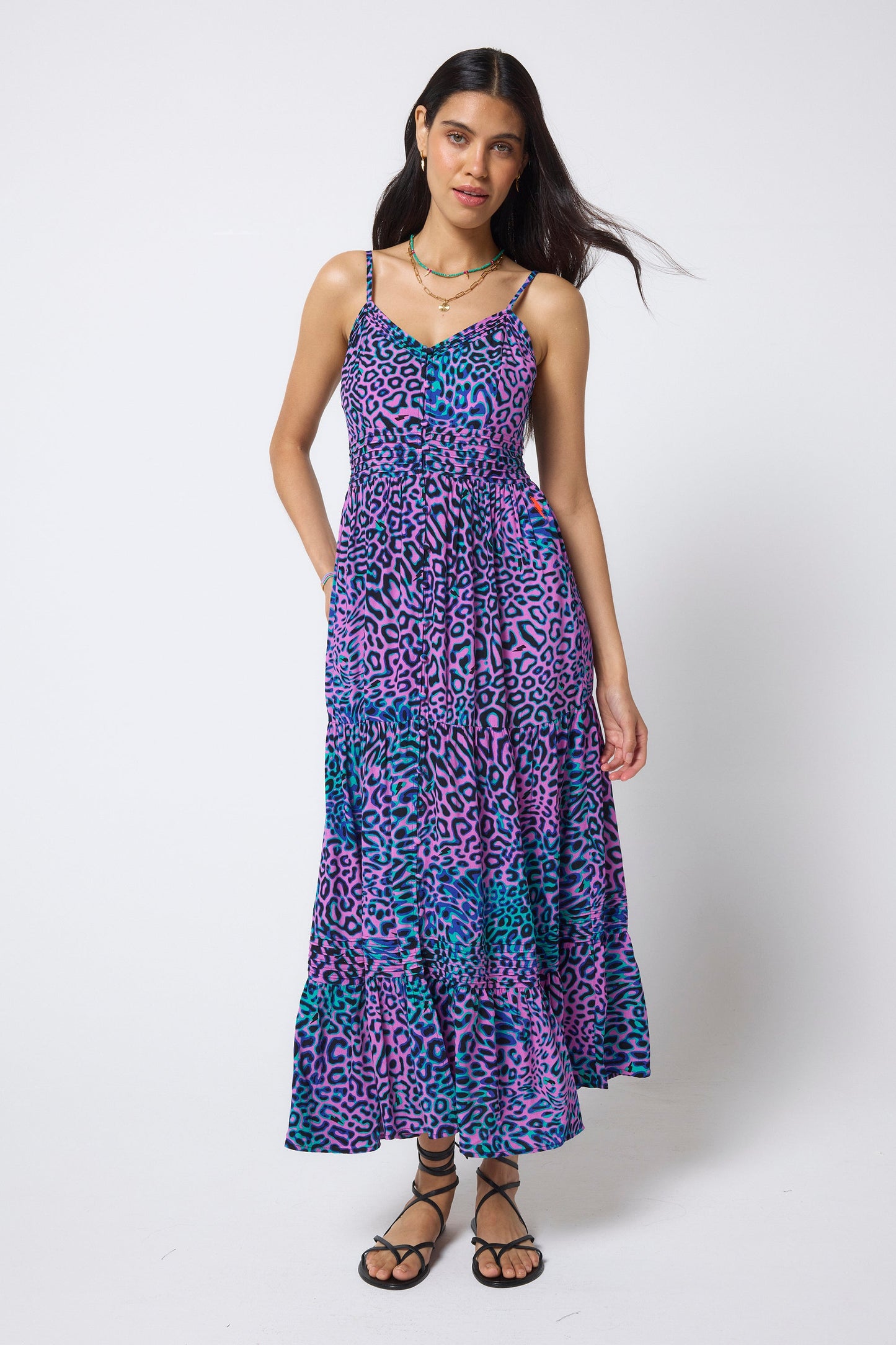 Pink with Green Leopard Ray Pintuck Midi Sundress