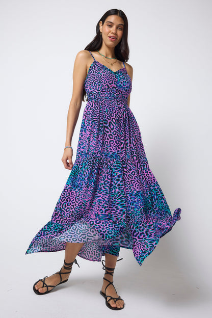 Pink with Green Leopard Ray Pintuck Midi Sundress
