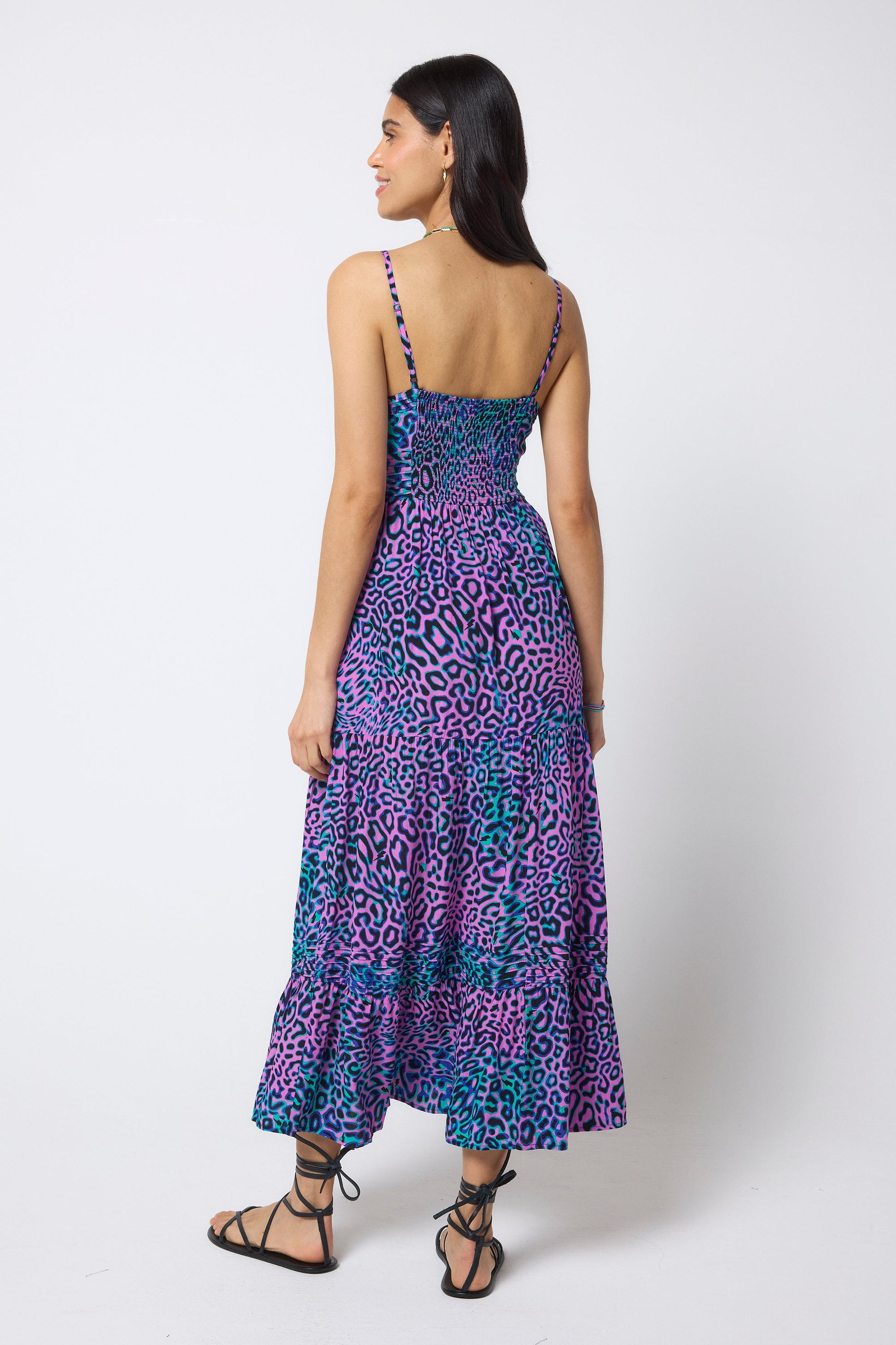 Pink with Green Leopard Ray Pintuck Midi Sundress