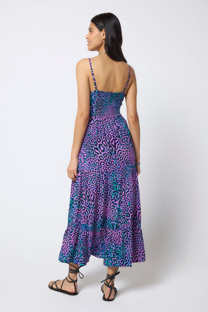 Pink with Green Leopard Ray Pintuck Midi Sundress