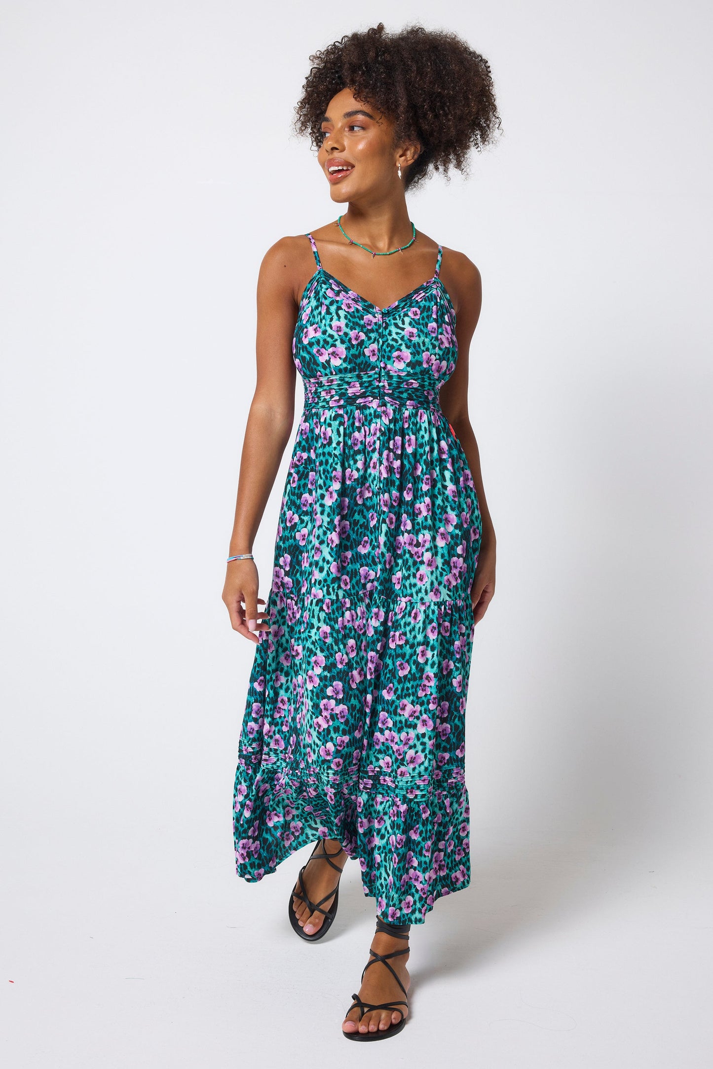 Turquoise Paradise Cheetah Pintuck Midi Sundress