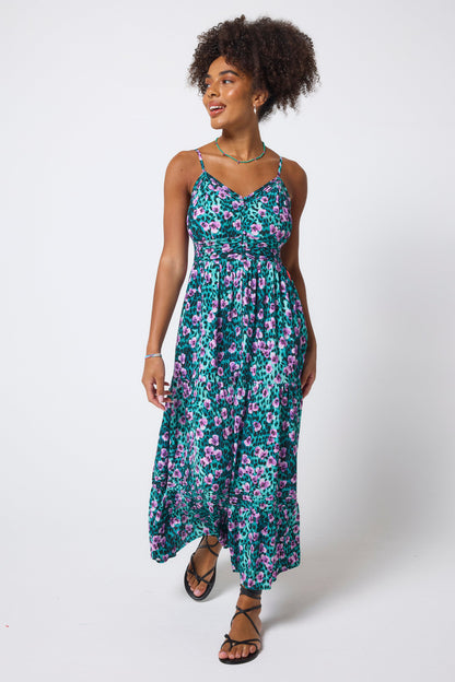 Turquoise Paradise Cheetah Pintuck Midi Sundress
