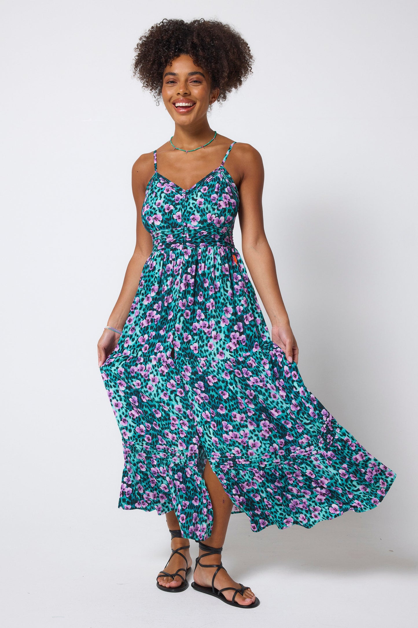 Turquoise Paradise Cheetah Pintuck Midi Sundress