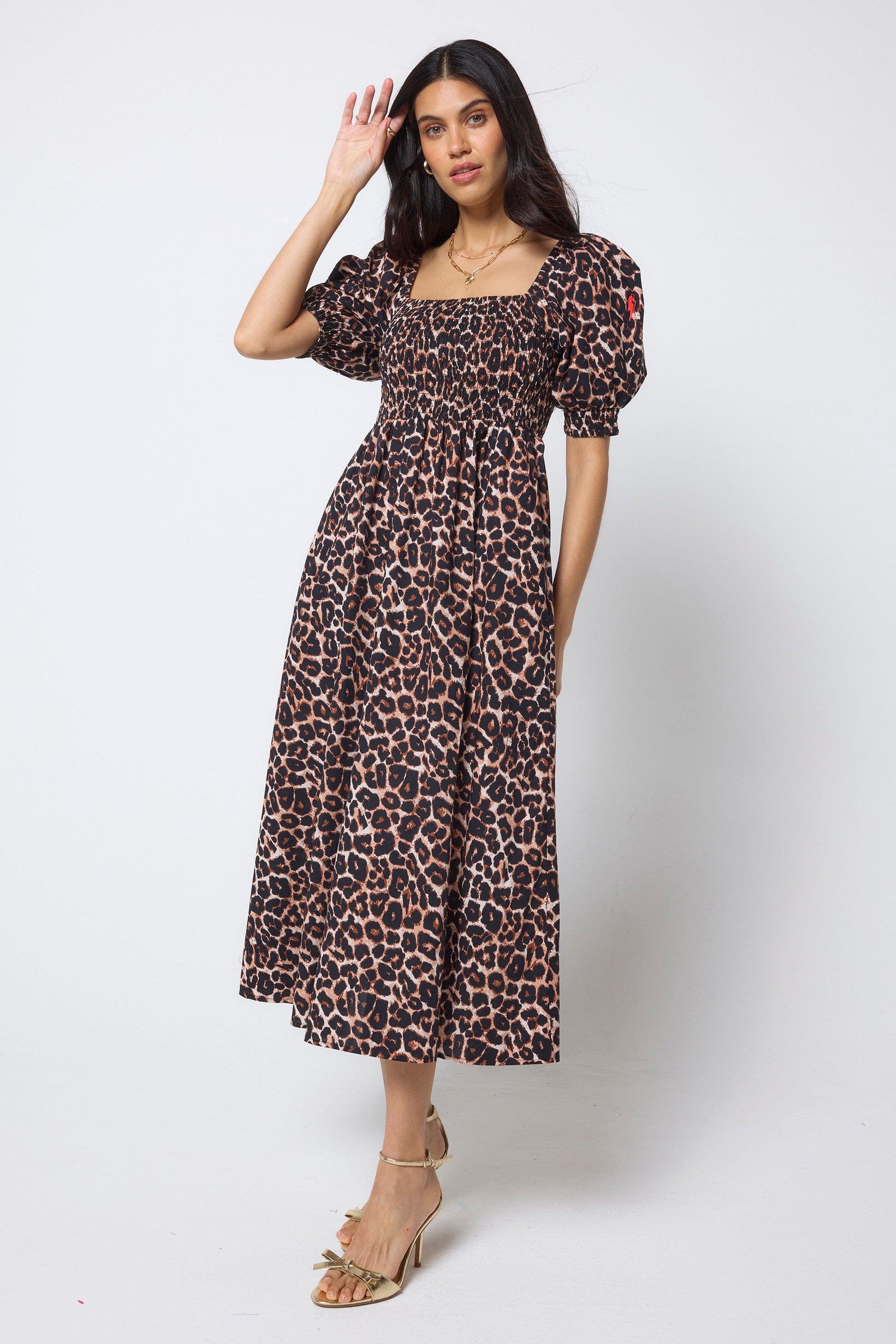 Neutral Jaguar Shirred Square Neck Midi Dress