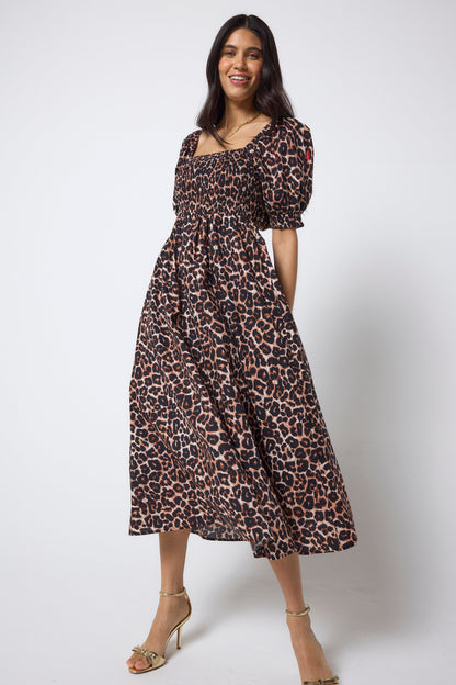 Neutral Jaguar Shirred Square Neck Midi Dress