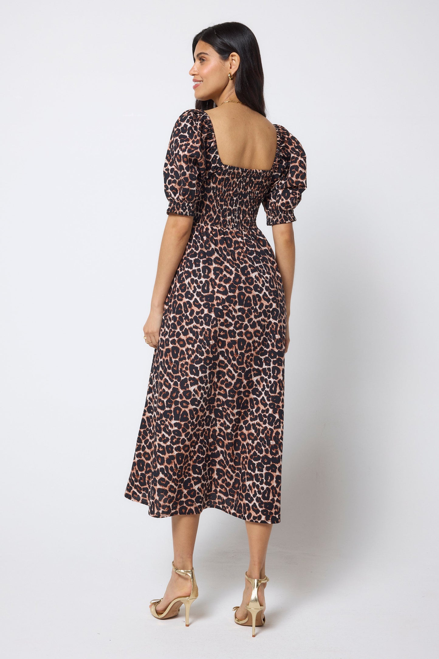 Neutral Jaguar Shirred Square Neck Midi Dress