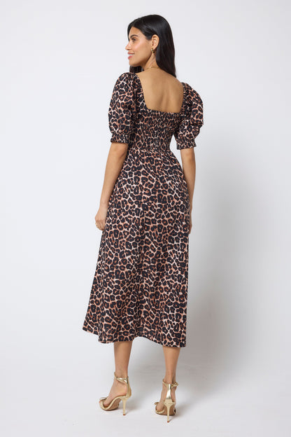 Neutral Jaguar Shirred Square Neck Midi Dress
