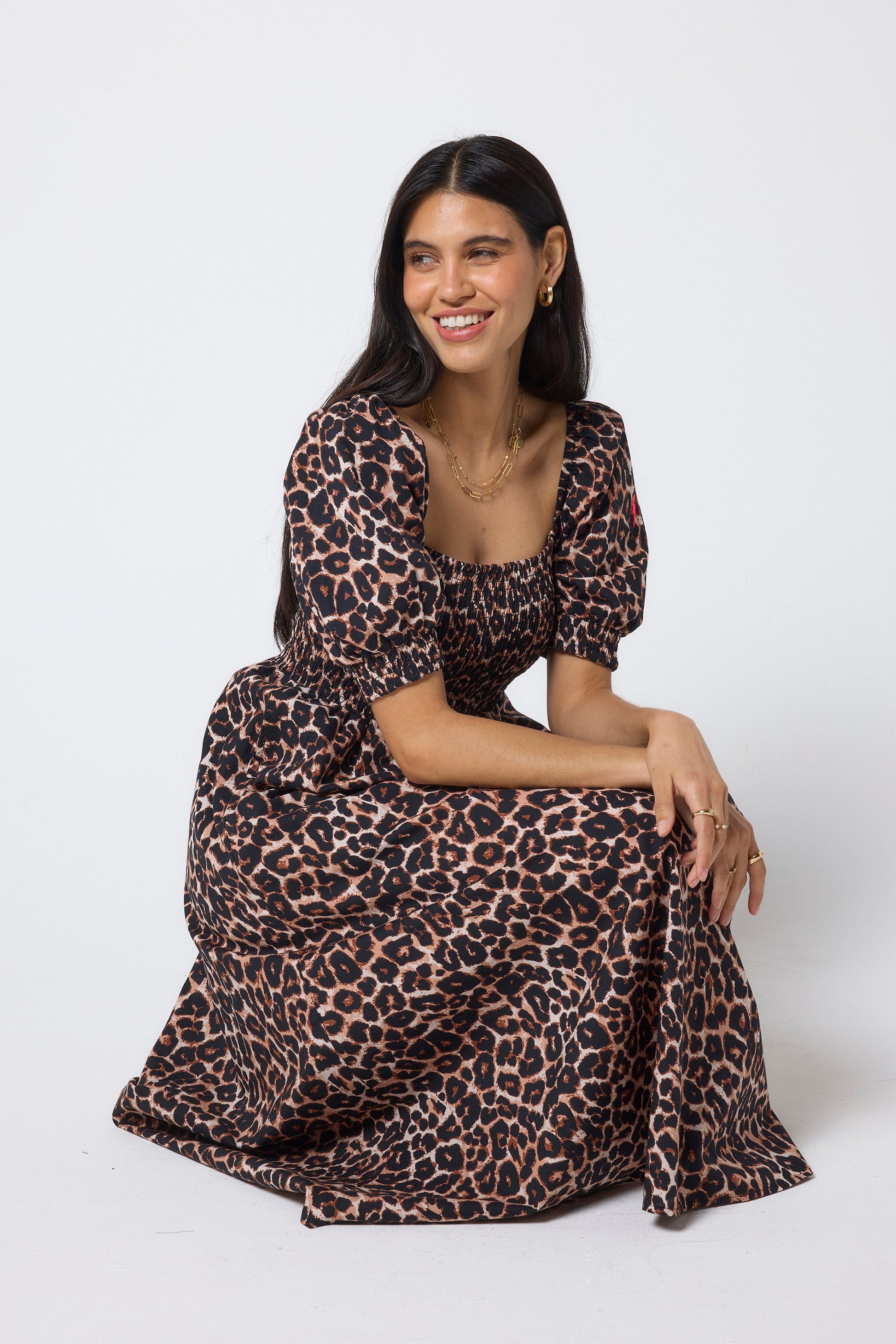 Neutral Jaguar Shirred Square Neck Midi Dress