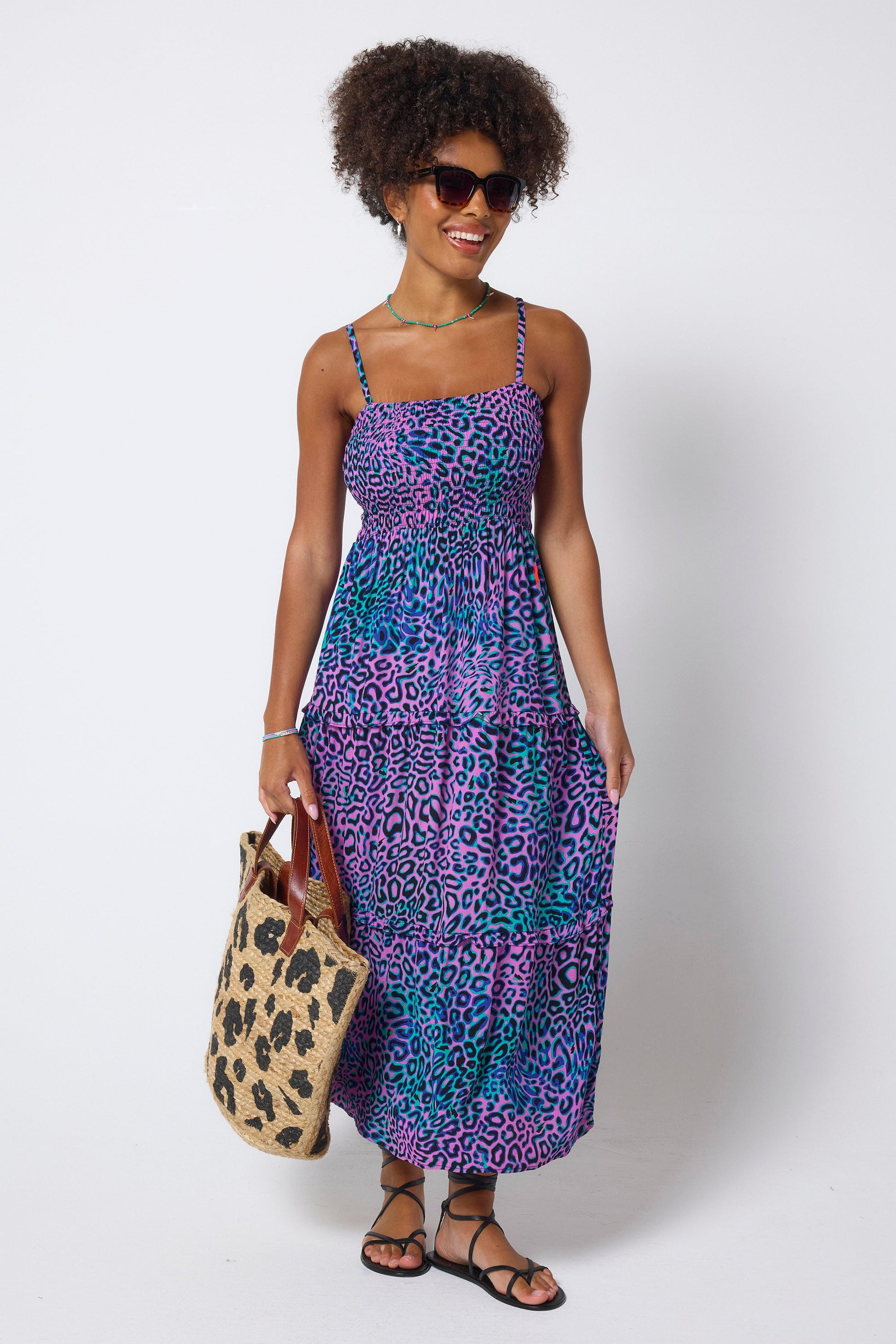 Pink with Green Leopard Ray Bandeau Midi Dress