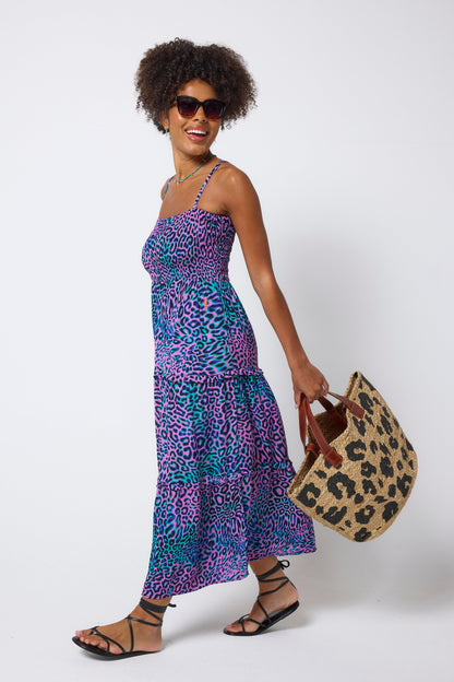 Pink with Green Leopard Ray Bandeau Midi Dress