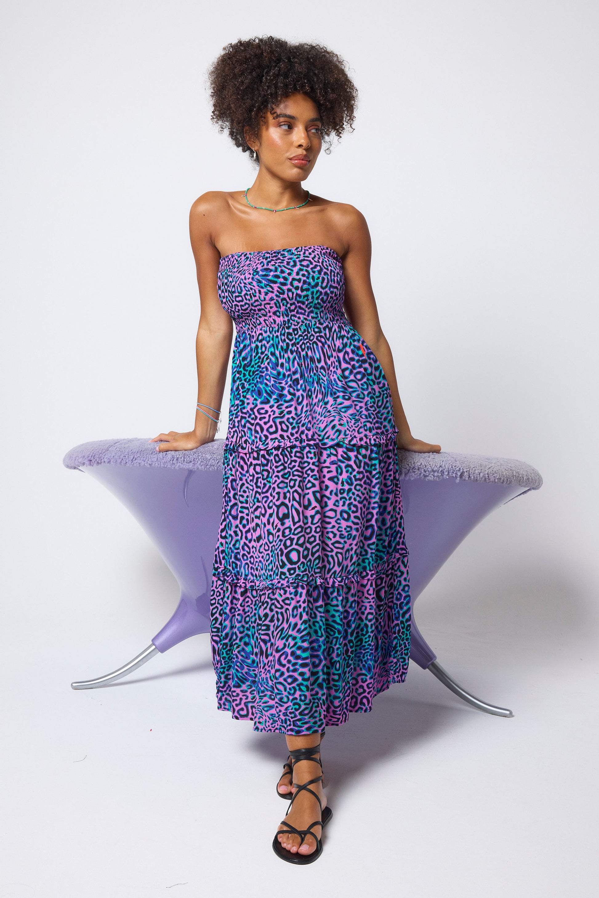 Pink with Green Leopard Ray Bandeau Midi Dress