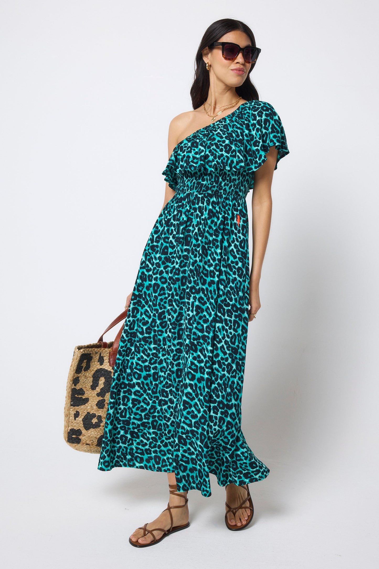 Green Jaguar One Shoulder Midi Dress