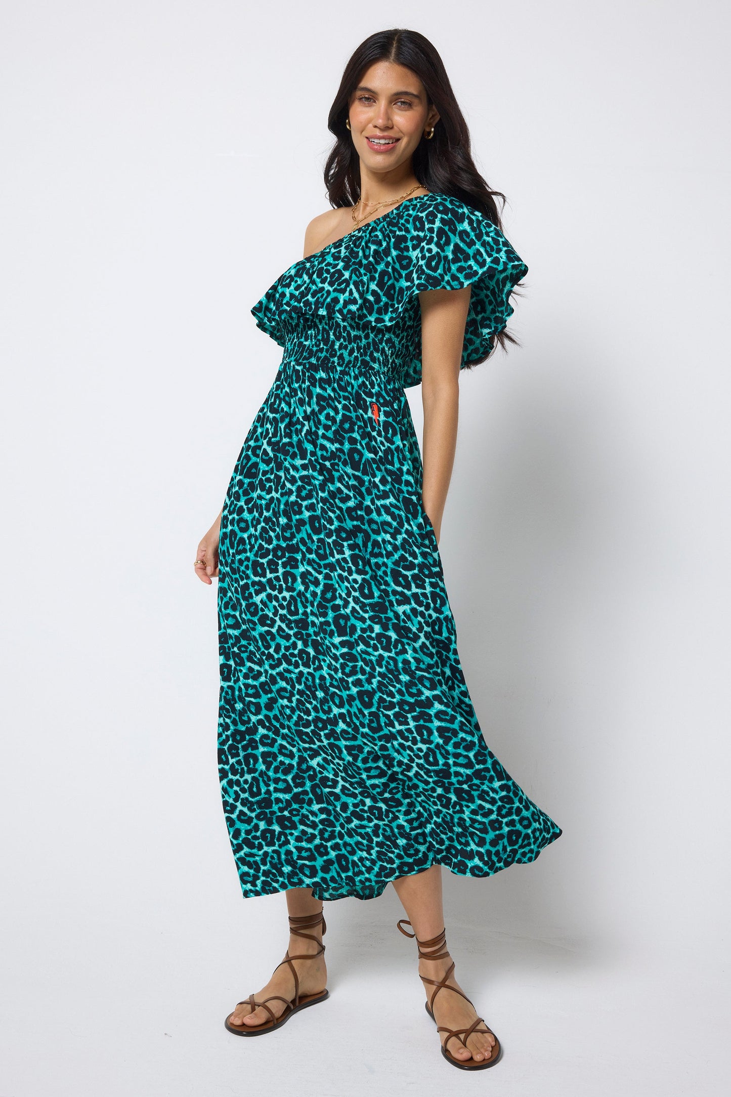 Green Jaguar One Shoulder Midi Dress