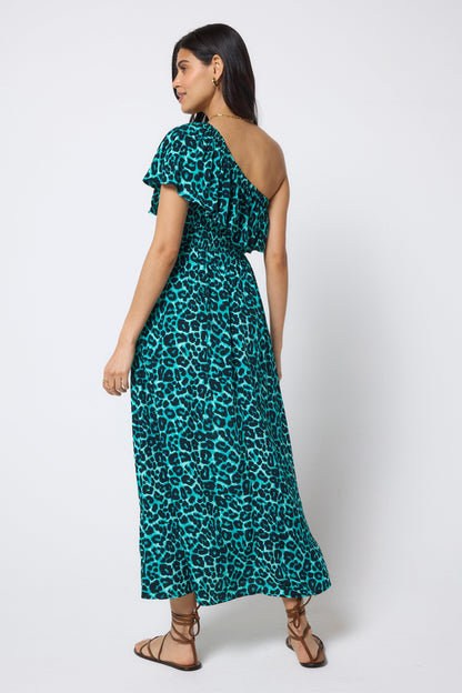 Green Jaguar One Shoulder Midi Dress