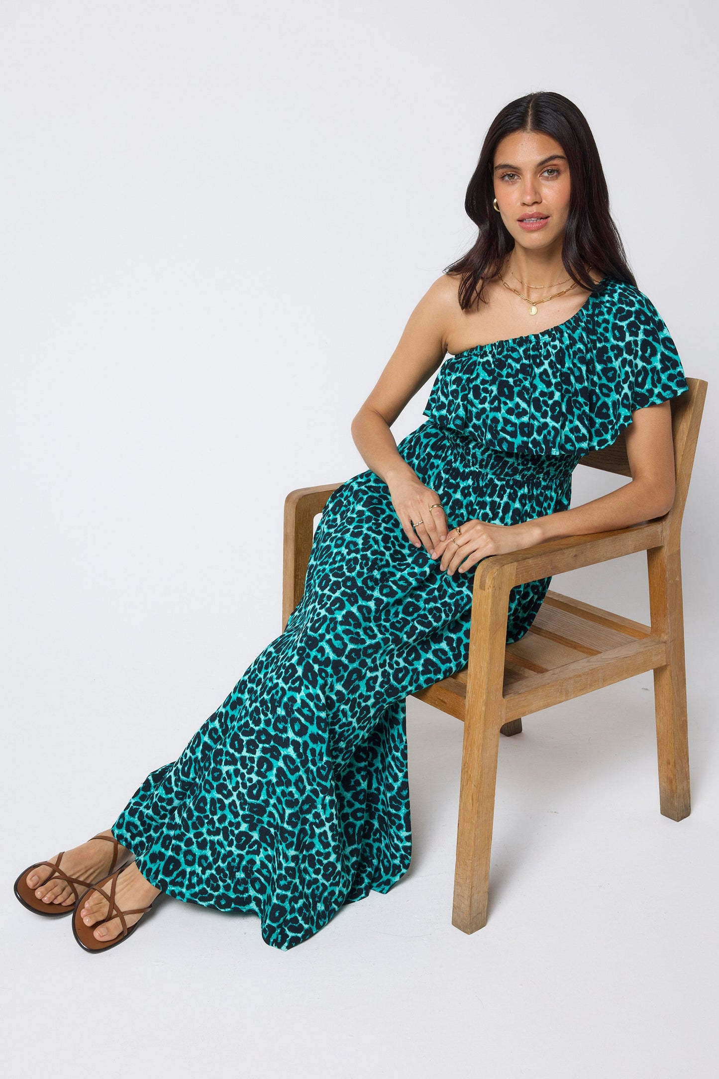 Green Jaguar One Shoulder Midi Dress