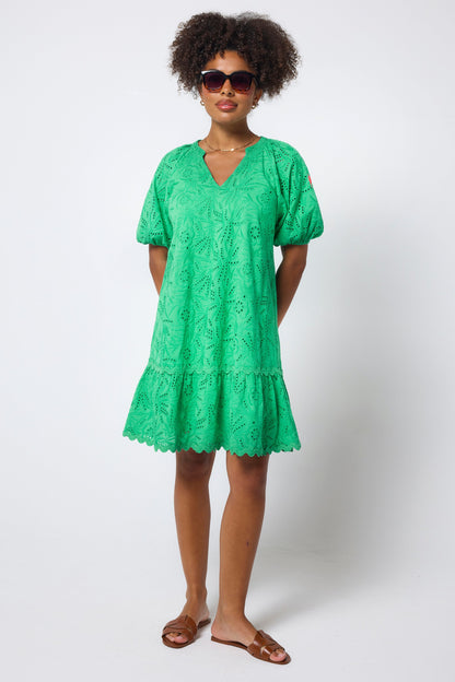 Green V-Neck Broderie Short Dress