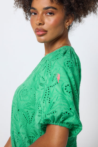 Green V-Neck Broderie Short Dress