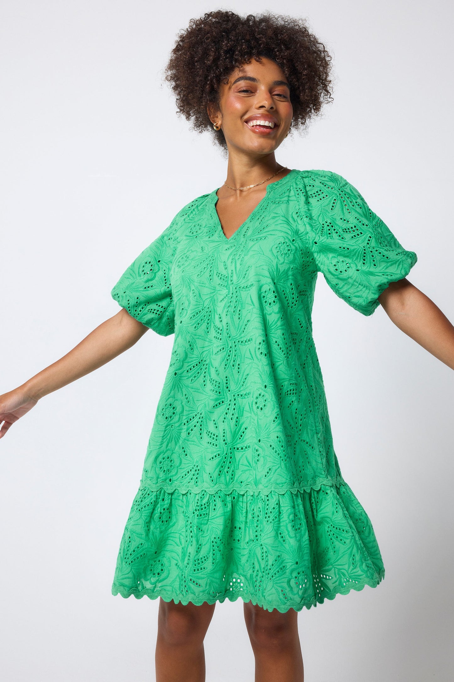 Green V-Neck Broderie Short Dress