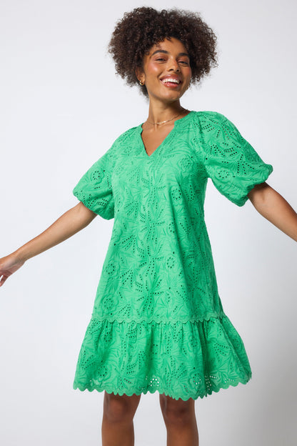 Green V-Neck Broderie Short Dress
