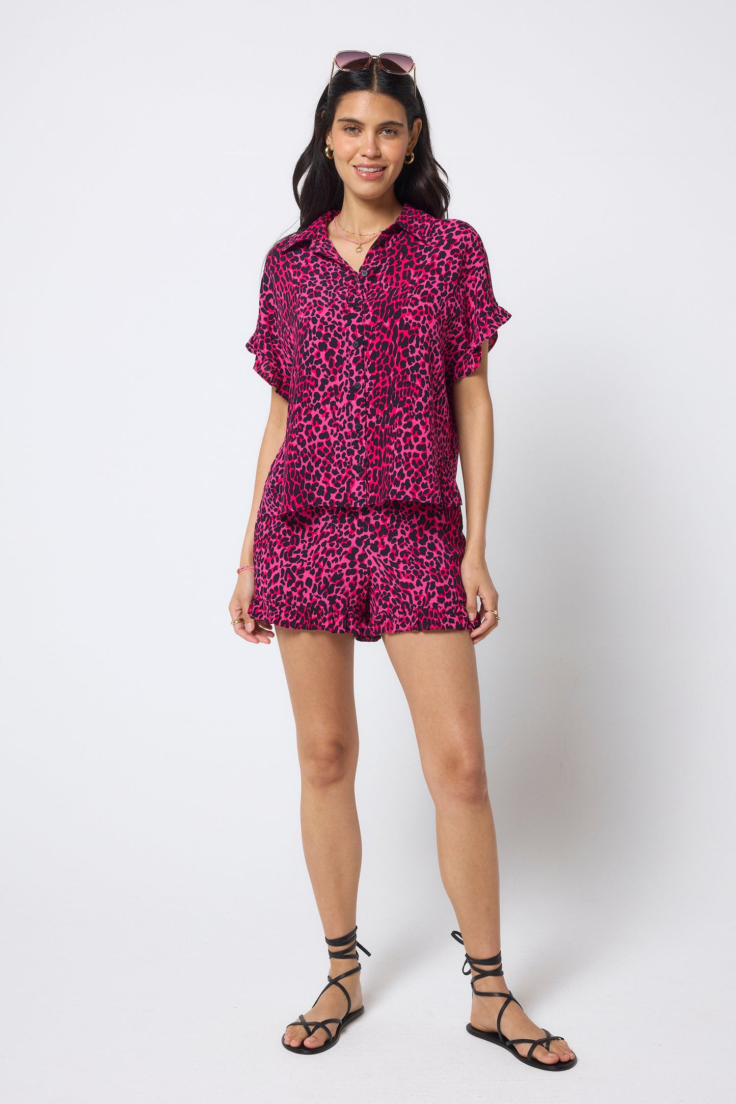 COMING SOON: Pink with Black Wild Leopard Frill Sleeve Shirt
