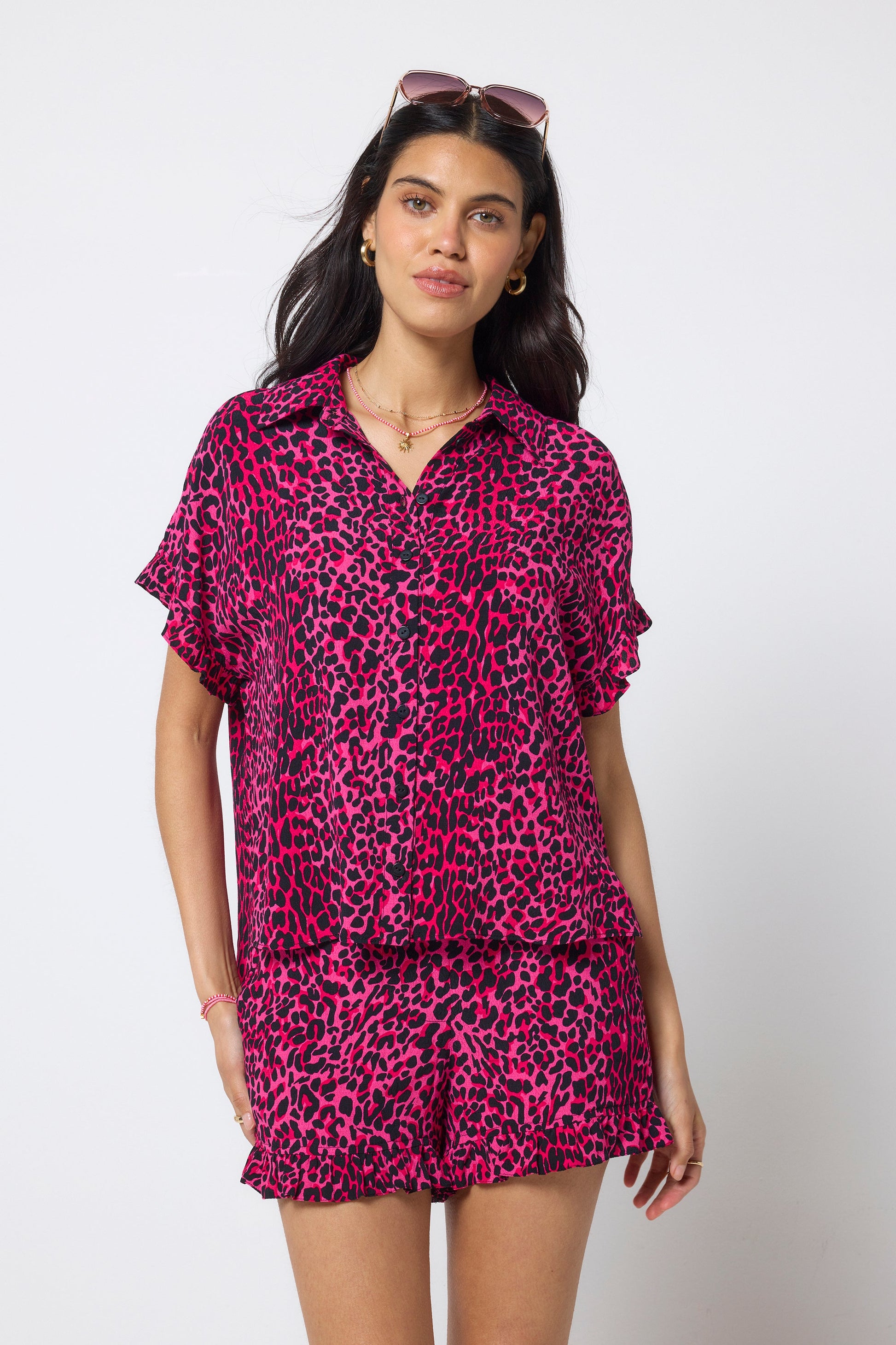 COMING SOON: Pink with Black Wild Leopard Frill Sleeve Shirt