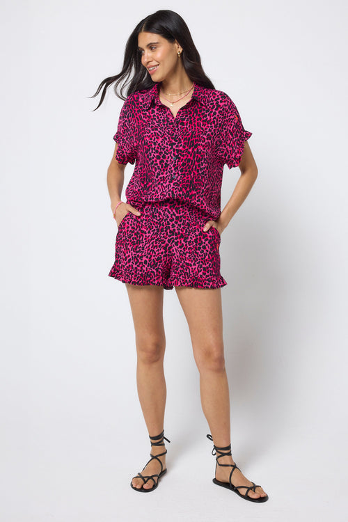 COMING SOON: Pink with Black Wild Leopard Frill Hem Shorts