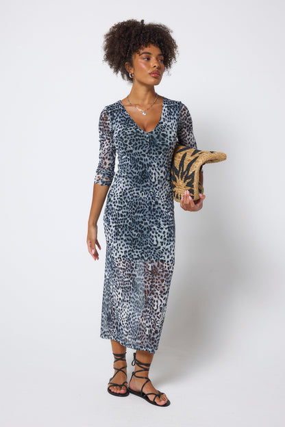 Grey Cheetah Mesh Midi Dress