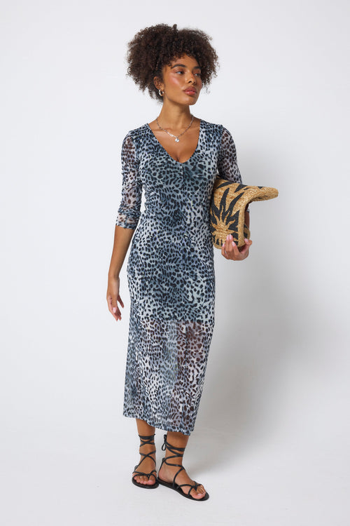 Grey Cheetah Mesh Midi Dress