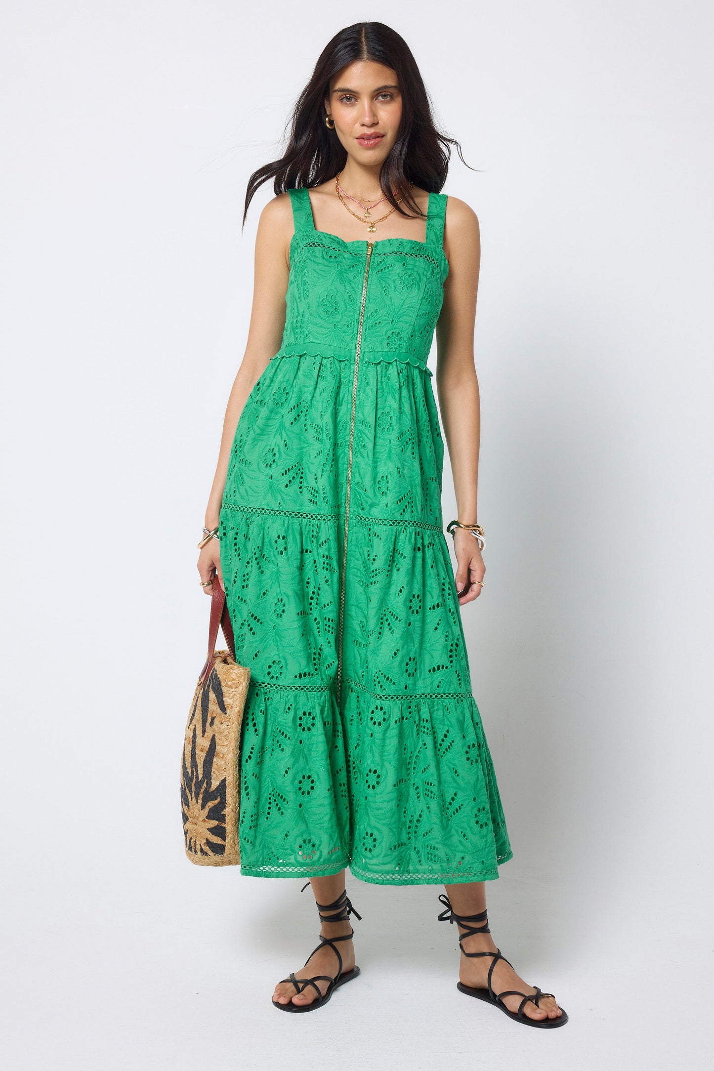 Green Broderie Zip Detail Midi Sundress
