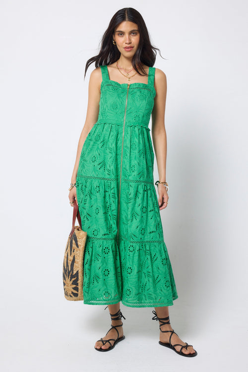 Green Broderie Zip Detail Midi Sundress
