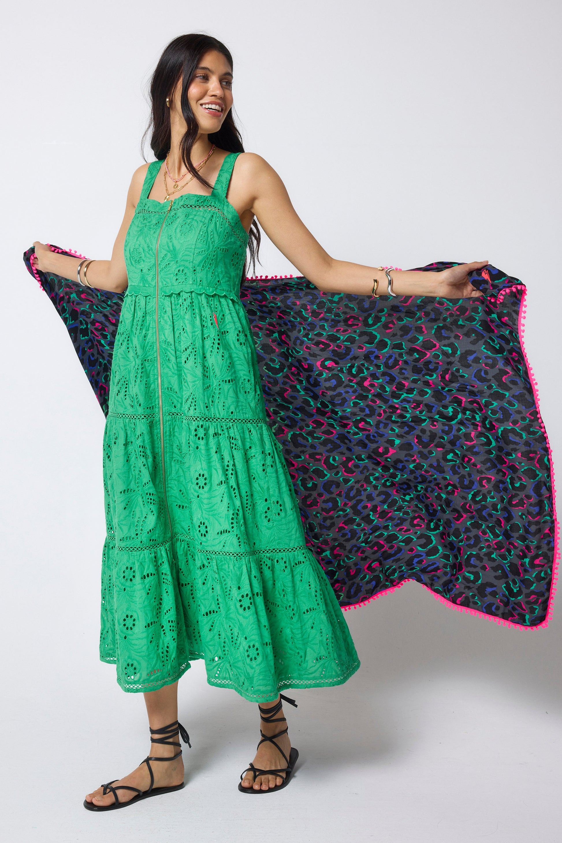 Green Broderie Zip Detail Midi Sundress