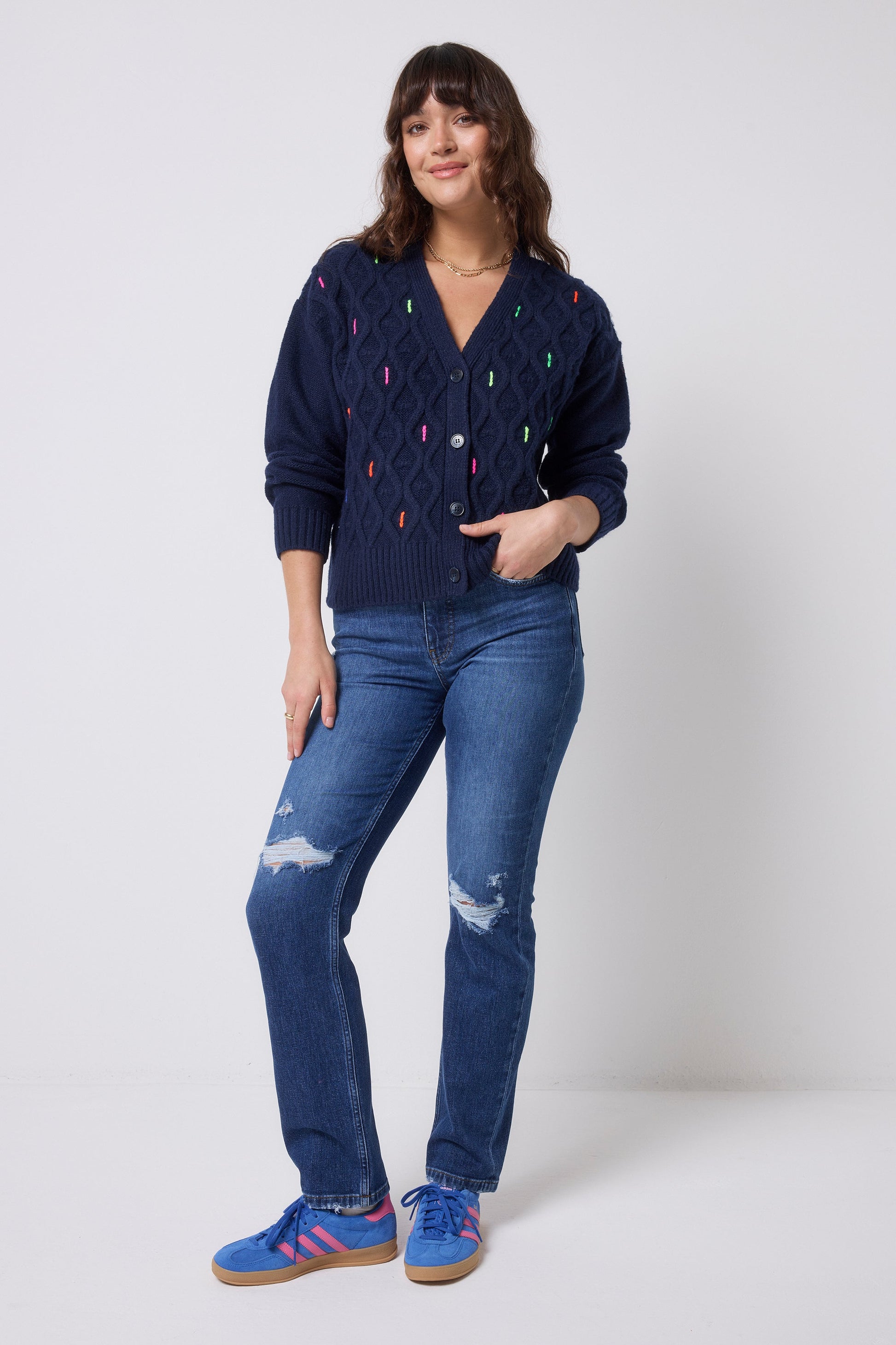 Navy with Neon Rainbow Flecks Cable Knit Cardigan
