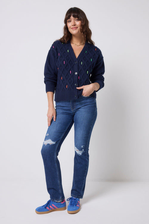 Navy with Neon Rainbow Flecks Cable Knit Cardigan