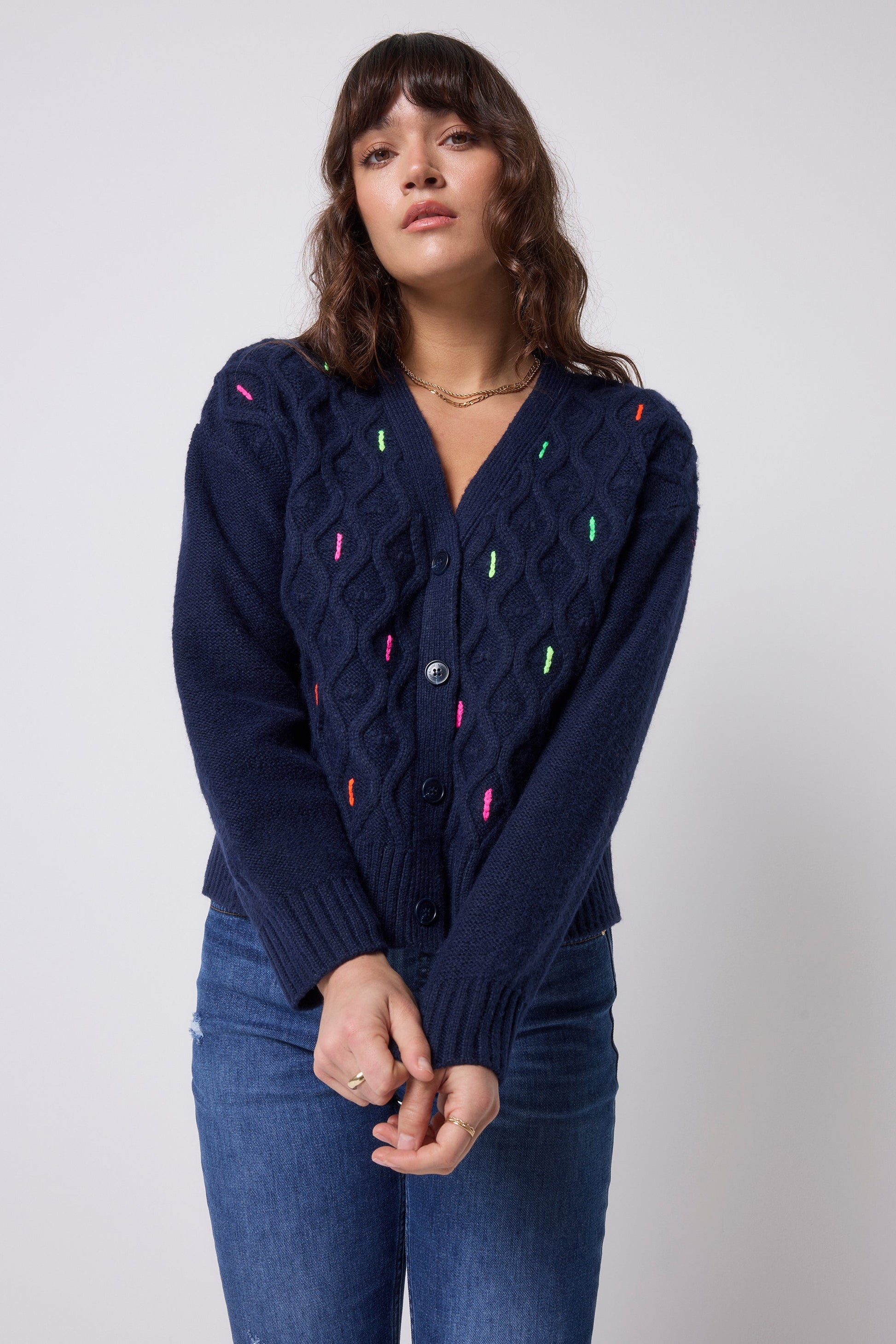 Navy with Neon Rainbow Flecks Cable Knit Cardigan