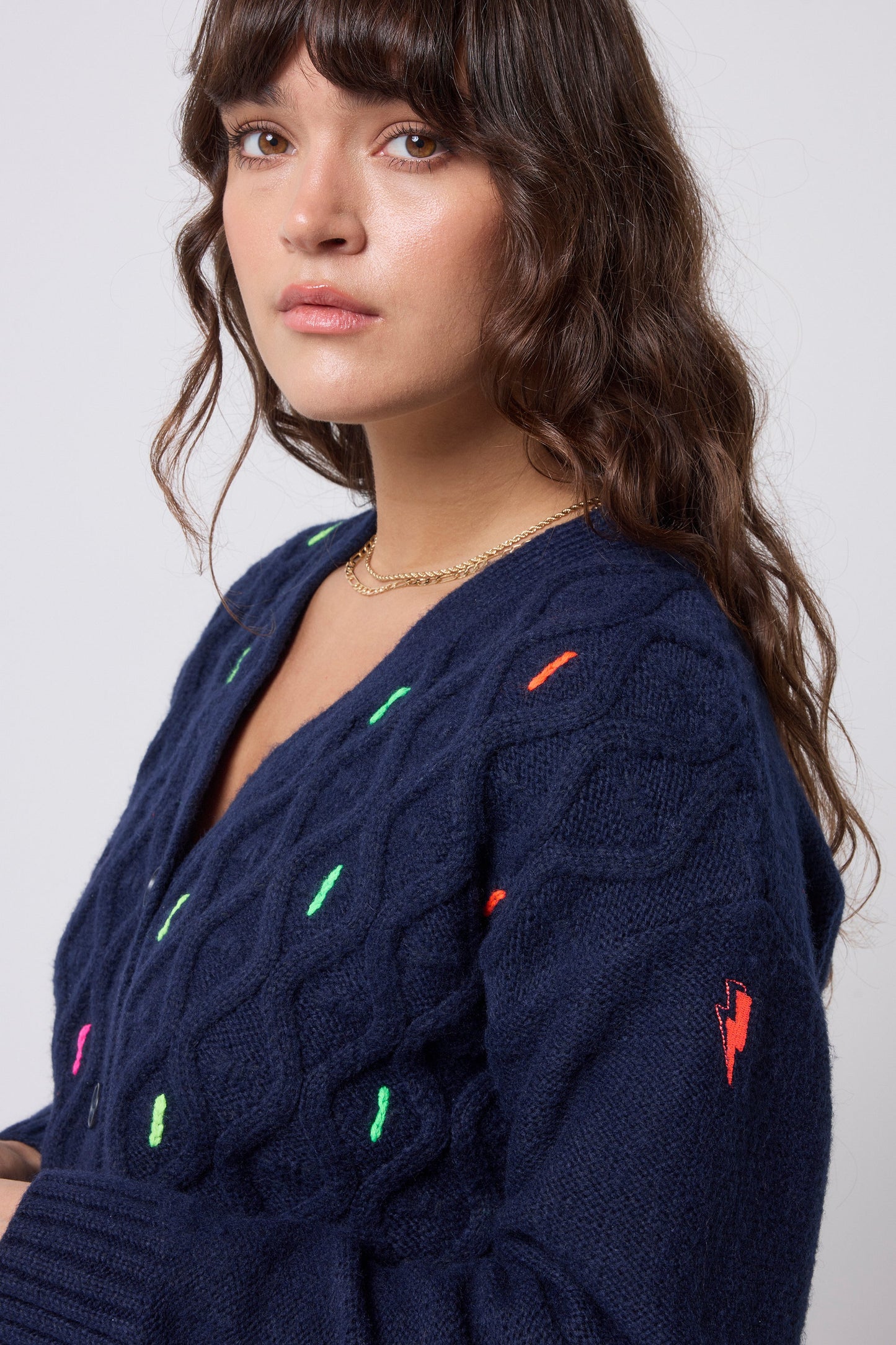 Navy with Neon Rainbow Flecks Cable Knit Cardigan