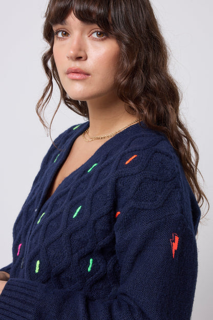 Navy with Neon Rainbow Flecks Cable Knit Cardigan