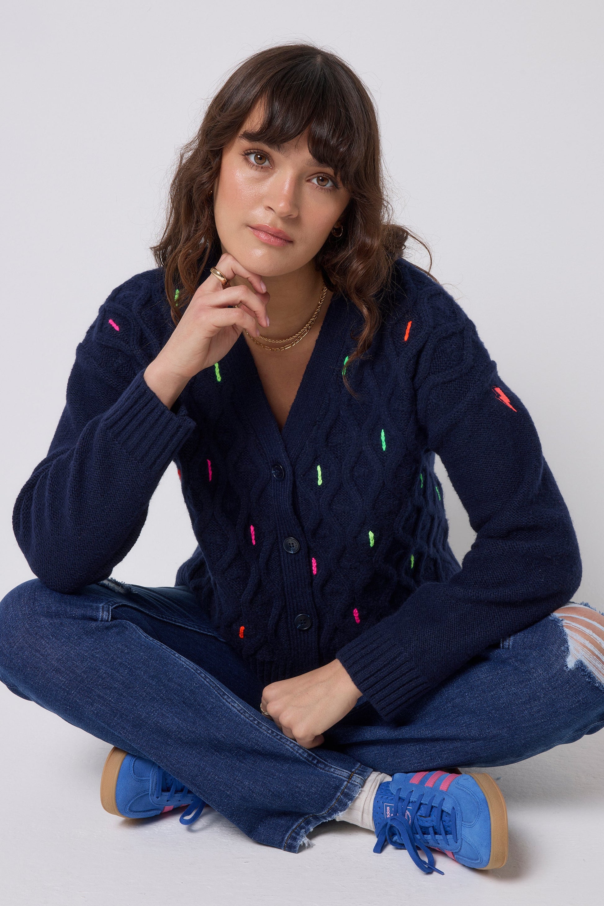 Navy with Neon Rainbow Flecks Cable Knit Cardigan